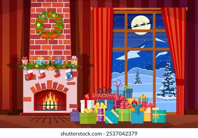 Christmas interior of room with window, gifts and decorated fireplace. Happy new year decoration. Merry christmas holiday. New year and xmas celebration. Vector illustration flat style