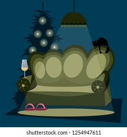 Christmas interior with sofa and cat. Cozy interior