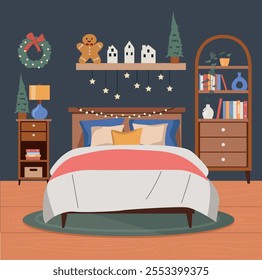 Christmas interior space bedroom. Vector flat illustration