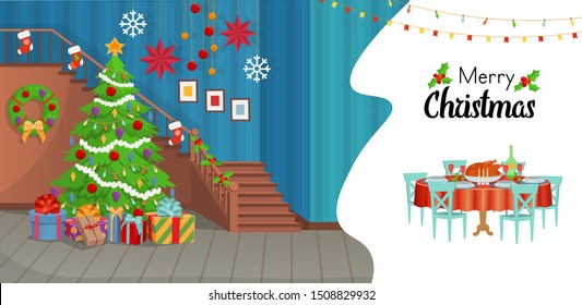 Christmas interior with a staircase  Christmas tree, holiday table with food . Сartoon vector illustration.