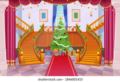 Christmas interior with a staircase  and christmas tree. Сartoon vector illustration.