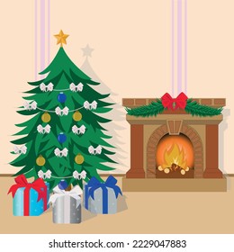 Christmas interior. Christmas tree decorated with balls, bows and beads. Christmas gifts in a package with a bow. Fireplace with fire and logs. Merry Christmas and Happy New Year. Vector graphics. 