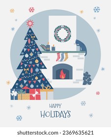 Christmas interior with Christmas tree, gifts, fireplace, cat. Design for postcard, poster, banner, cover