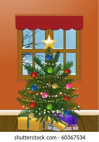 Christmas interior with tree, presents and snowy winter scene outside a wooden window
