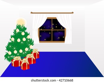 Christmas interior with tree - vector illustration