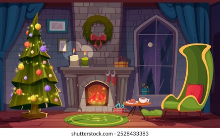  Christmas interior with Christmas treefireplace with flame and armchair