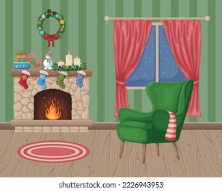 Christmas interior. Vector illustration of a New Year s interior. Fireplace decorated with Christmas decorations, socks. A chair in the middle of the room with a snow-covered window