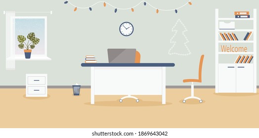 Christmas interior of working place in the office on the light blue background.Xmas atmosphere:garland of light bulbs, Christmas tree.Furniture: table, chair, cabinet with folders and books.Vector