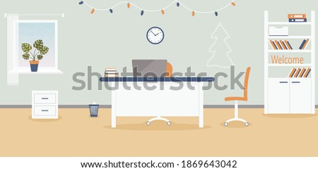 Christmas interior of working place in the office on the light blue background.Xmas atmosphere:garland of light bulbs, Christmas tree.Furniture: table, chair, cabinet with folders and books.Vector