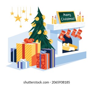 Christmas interiors of the living room with Christmas tree, gifts, stars and decorated fireplace. Happy new year celebration. Merry Christmas holiday.  Flat cartoon vector illustration.