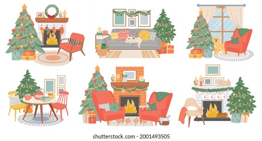 Christmas interiors. New year decorated room with pine tree, fireplace, cozy chairs, cat and dog. Home winter holiday atmosphere vector set. Illustration fireplace interior, present traditional