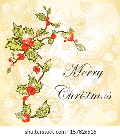christmas invitation background with holly and pine branches