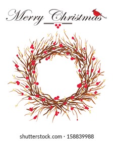 christmas invitation background with holly wreath and cardinal bird