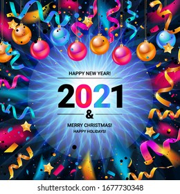 Christmas invitation with Christmas balls Merry Christmas and Happy New Year 2021 Card glowing lights