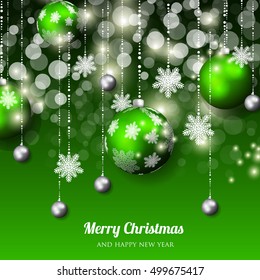 Christmas invitation with Christmas balls Merry Christmas and Happy New Year Card glowing lights