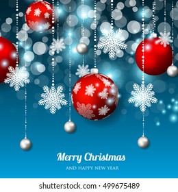 Christmas invitation with Christmas balls Merry Christmas and Happy New Year Card glowing lights