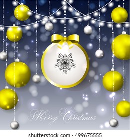 Christmas invitation with Christmas balls Merry Christmas and Happy New Year Card glowing lights