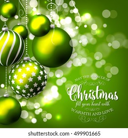 Christmas invitation with Christmas balls Merry Christmas and Happy New Year Card glowing lights