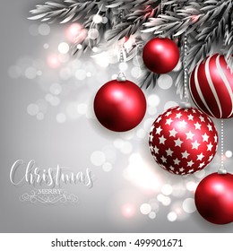 Christmas invitation with Christmas balls Merry Christmas and Happy New Year Card glowing lights