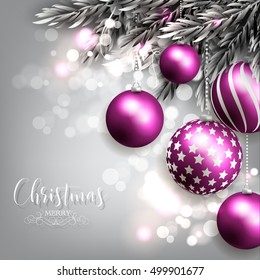 Christmas invitation with Christmas balls Merry Christmas and Happy New Year Card glowing lights