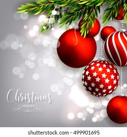 Christmas invitation with Christmas balls Merry Christmas and Happy New Year Card glowing lights