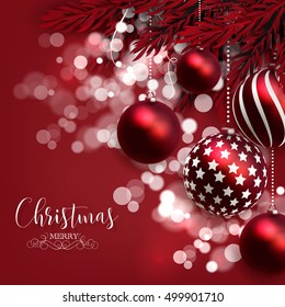 Christmas invitation with Christmas balls Merry Christmas and Happy New Year Card glowing lights