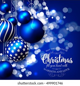 Christmas invitation with Christmas balls Merry Christmas and Happy New Year Card glowing lights