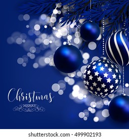 Christmas invitation with Christmas balls Merry Christmas and Happy New Year Card glowing lights