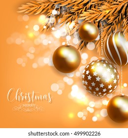 Christmas invitation with Christmas balls Merry Christmas and Happy New Year Card glowing lights