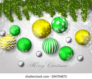 Christmas invitation with Christmas balls Merry Christmas and Happy New Year Card glowing lights
