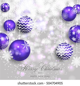 Christmas invitation with Christmas balls Merry Christmas and Happy New Year Card glowing lights