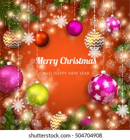 Christmas invitation with Christmas balls Merry Christmas and Happy New Year Card glowing lights
