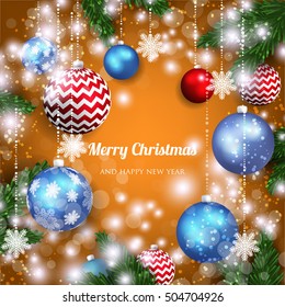 Christmas invitation with Christmas balls Merry Christmas and Happy New Year Card glowing lights