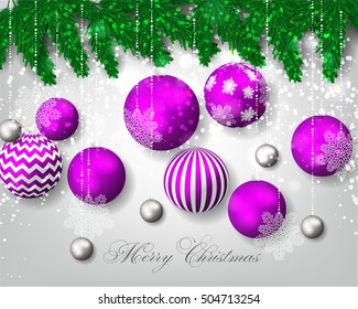 Christmas invitation with Christmas balls Merry Christmas and Happy New Year Card glowing lights