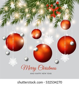 Christmas invitation with Christmas balls Merry Christmas and Happy New Year Card glowing lights