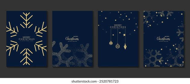 Christmas invitation card art deco design vector. Christmas bauble, snowflake in spot texture on navy blue background. Design illustration for cover, poster, wallpaper, greeting card.