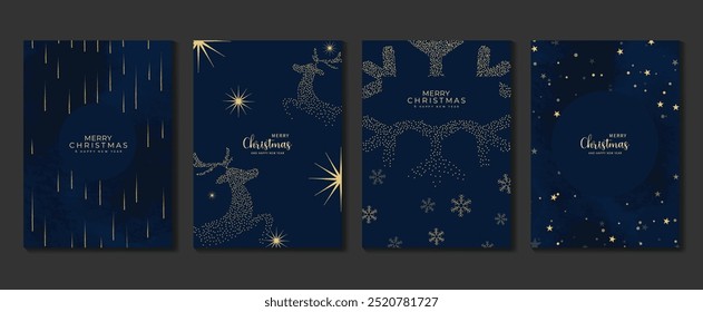 Vetor de design art déco de cartão de convite de Natal. Rena de Natal, floco de neve em textura spot no fundo azul aquarela. Ilustração de design para capa, cartaz, papel de parede, cartão de saudação.