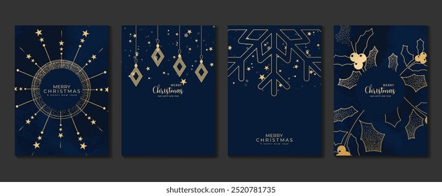 Vetor de design art déco de cartão de convite de Natal. baga de Natal holly, floco de neve em textura spot no fundo azul aquarela. Ilustração de design para capa, cartaz, papel de parede, cartão de saudação.