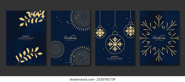 Christmas invitation card art deco design vector. Christmas bauble ball, snowflake, leaf on watercolor blue background. Design illustration for cover, poster, wallpaper, greeting card.