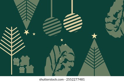 Tarjeta de invitación de Navidad Vector de diseño art deco. Árbol de Navidad, copo de nieve, chuchería, textura del punto del regalo en fondo verde. Ilustración de diseño ..