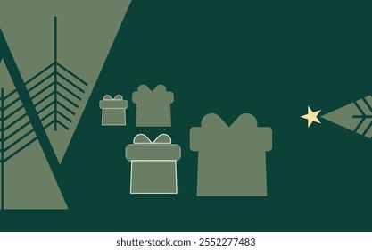 Tarjeta de invitación de Navidad Vector de diseño art deco. Árbol de Navidad, copo de nieve, chuchería, textura del punto del regalo en fondo verde. Ilustración de diseño ..