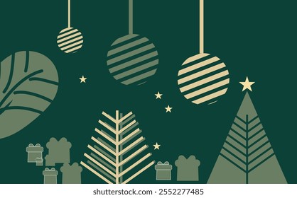 Tarjeta de invitación de Navidad Vector de diseño art deco. Árbol de Navidad, copo de nieve, chuchería, textura del punto del regalo en fondo verde. Ilustración de diseño ..