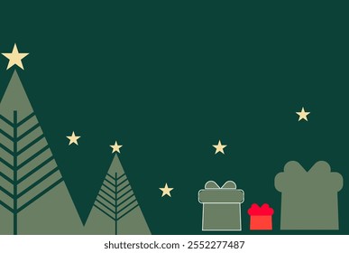 Tarjeta de invitación de Navidad Vector de diseño art deco. Árbol de Navidad, copo de nieve, chuchería, textura del punto del regalo en fondo verde. Ilustración de diseño ..