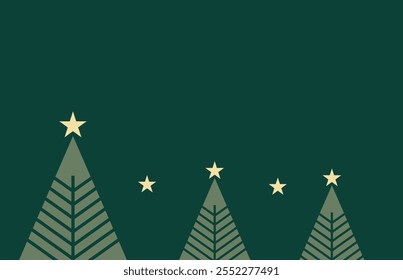 Tarjeta de invitación de Navidad Vector de diseño art deco. Árbol de Navidad, copo de nieve, chuchería, textura del punto del regalo en fondo verde. Ilustración de diseño ..