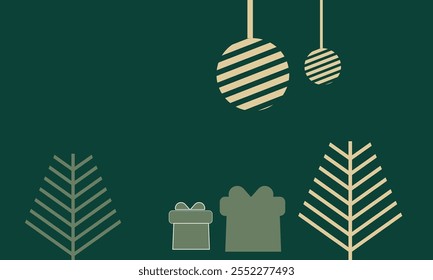 Tarjeta de invitación de Navidad Vector de diseño art deco. Árbol de Navidad, copo de nieve, chuchería, textura del punto del regalo en fondo verde. Ilustración de diseño ..