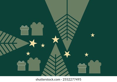 Tarjeta de invitación de Navidad Vector de diseño art deco. Árbol de Navidad, copo de nieve, chuchería, textura del punto del regalo en fondo verde. Ilustración de diseño ..