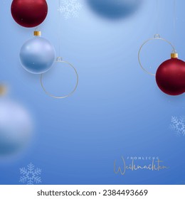 Christmas invitation card with blue and red balls. German inscription: Frohliche Weihnachten - Merry Christmas.