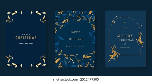 Vetor de design de cartão de convite dourado de luxo. Folhas de Natal, rena com textura de folha de ouro no fundo azul-marinho. Ilustração de design para capa, impressão, cartaz, anúncios.