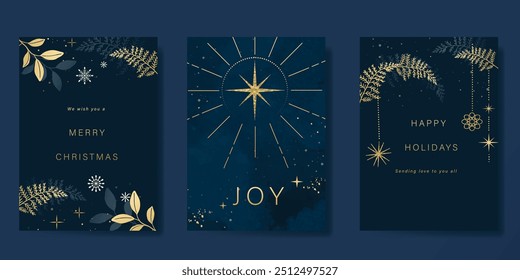 Vetor de design de cartão de convite dourado de luxo. Baile de Natal, folhas de pinho com folha de ouro e textura aquarela no fundo azul marinho. Ilustração de design para capa, impressão, cartaz, anúncios.