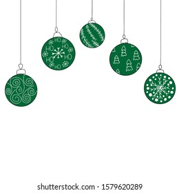 Christmas invitation card from five green Christmas ball toys hanging from above. Hand drawing, doodle style. White background. Vector illustration EPS 10